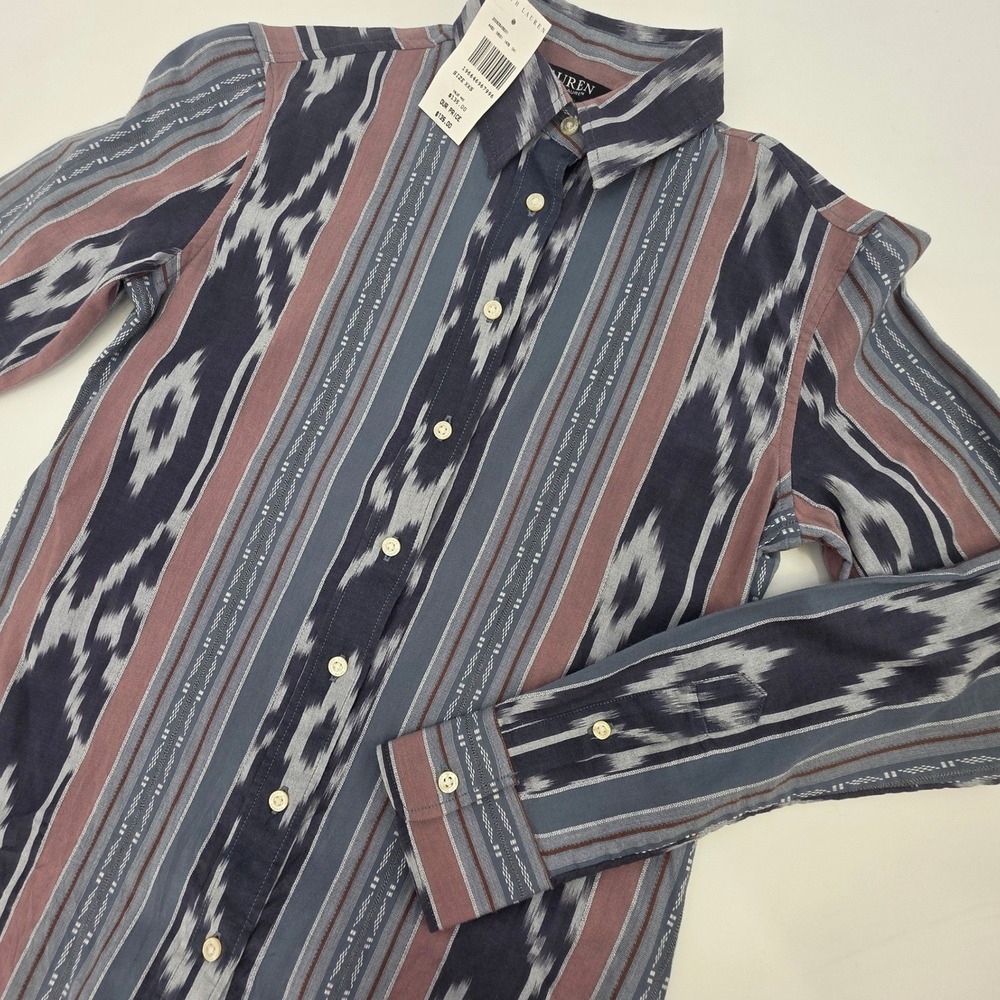 RALPH LAUREN SOUTHWESTERN BUTTON DOWN SHIRT WOMENS XXS NAVY AZTEC IKAT WESTERN
